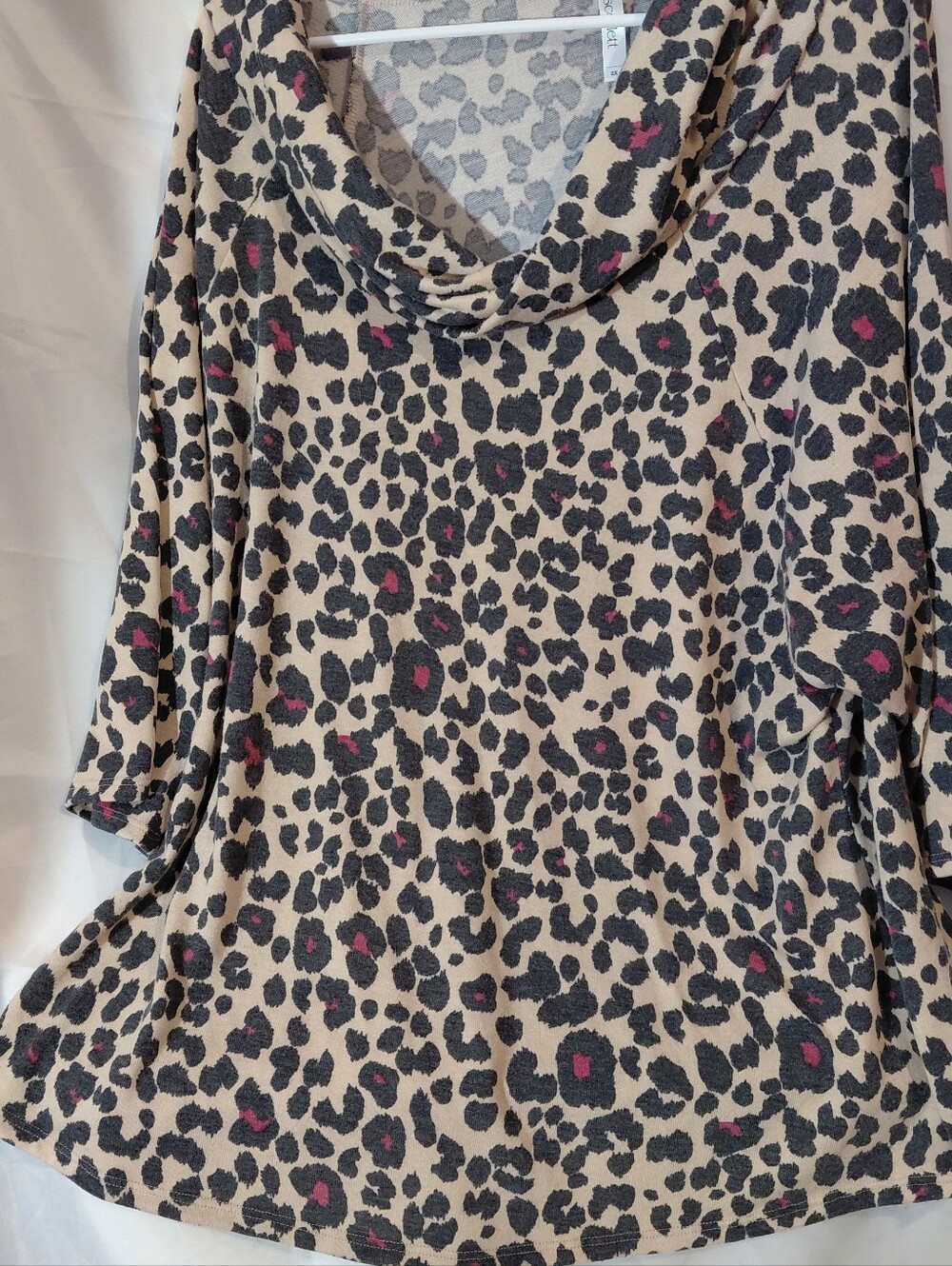 Cowl-Neck Leopard Print Tunic in Beige with Pink Accents